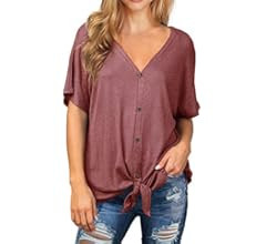 IWOLLENCE Women's Waffle Knit Tunic Blouse Tie Knot Short Sleeve Henley Tops Loose Fitting Bat Wi... | Amazon (US)