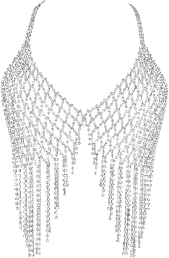 Tassel Rhinestone Chest Chain Bra Body Jewelry for Women Silver Bikini Bra Body Chains | Amazon (US)