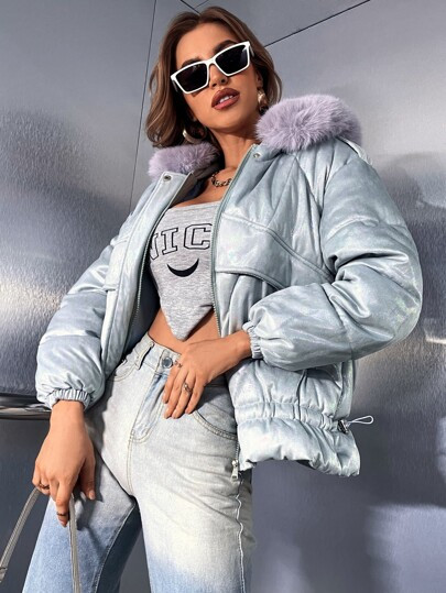 Drawstring Waist Drop Shoulder Fuzzy Trim Hooded Puffer Coat | SHEIN