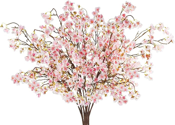 12 Pcs Artificial Cherry Blossom Flowers 40" Faux Silk Cherry Blossom Stems Fake Real Touch Peach... | Amazon (US)