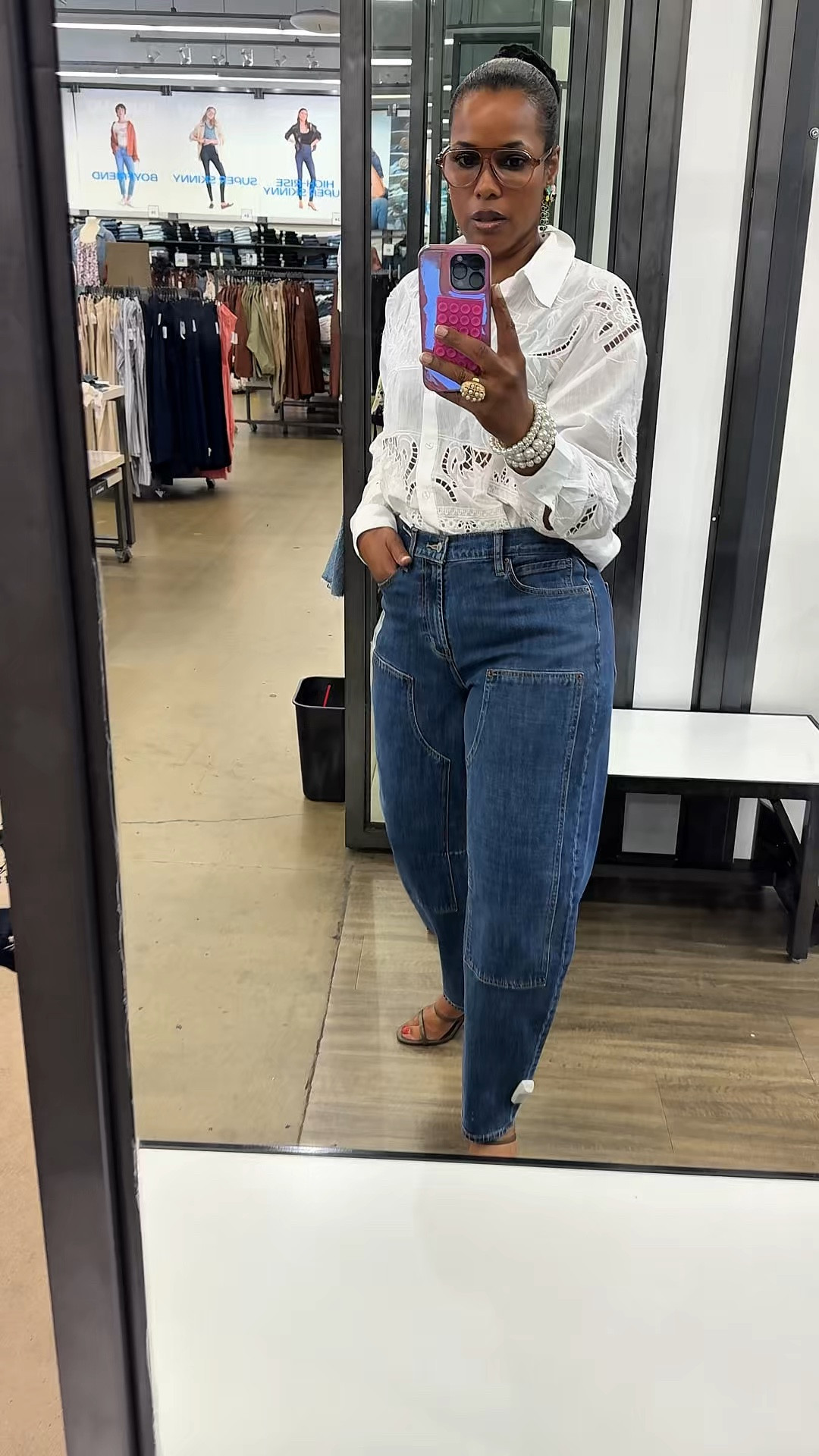 Denim me down!  And on sale.  Even better. ❤️

Wearing a size 10 in the jeans and a medium in the top.

5’7” 165 lbs