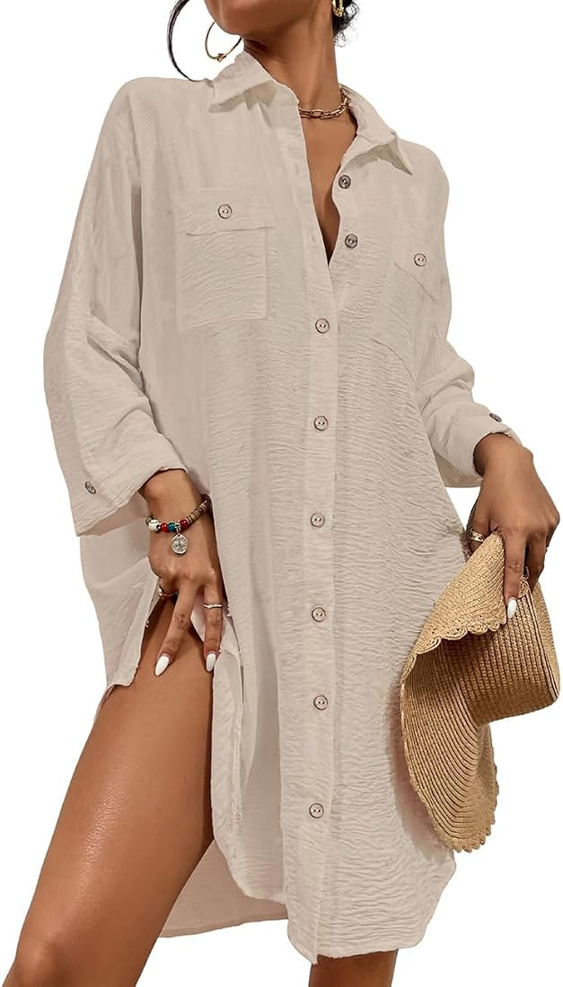 Bsubseach Swimsuit Coverup for Women Bathing Suit Cover Up Button Down Shirt Dresses Swiss Dot | Amazon (CA)
