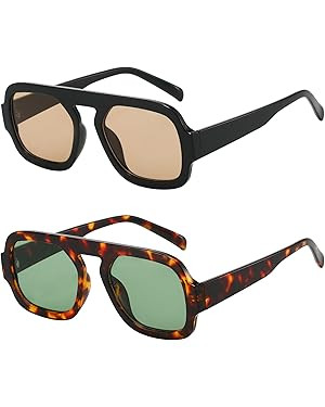 Trendy Square Aviator Sunglasses for Women Flat Top Designer Stylish Frame Sun Glasses Vintage Sh... | Amazon (US)