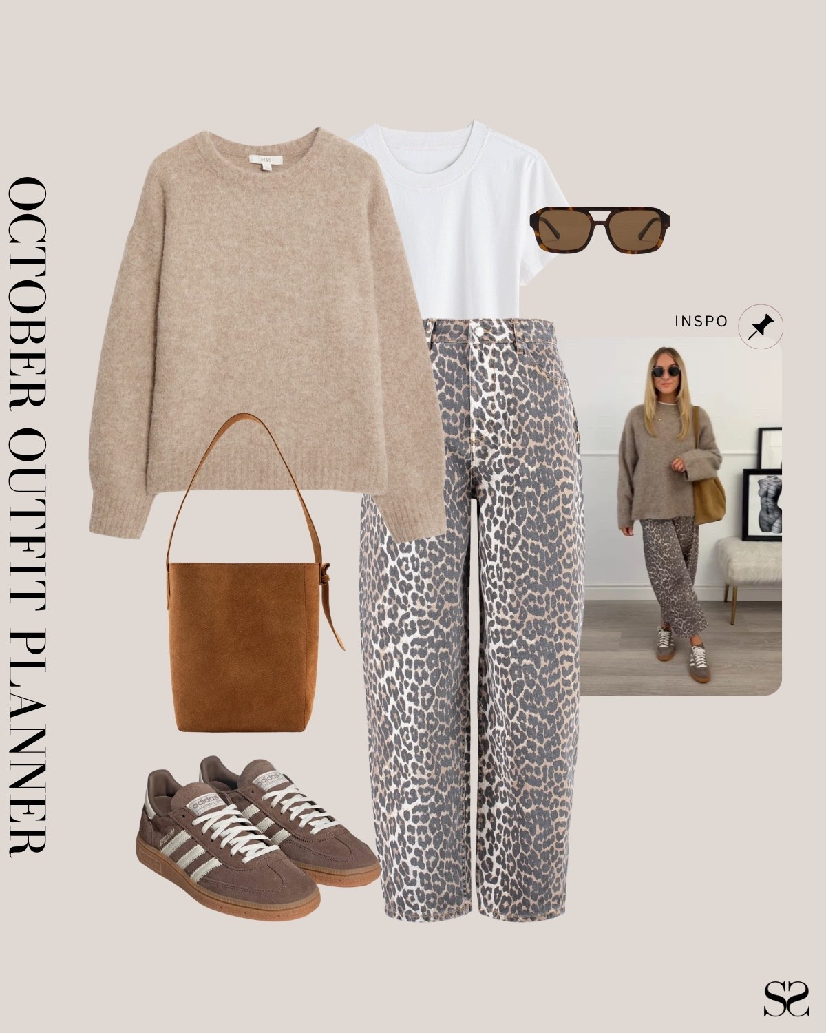 Monthly outfit planner OCTOBER: Fall outfits | leopard jean, crewneck sweater, taupe brown sneakers, tote bag

#falloutfit #classicstyle #casualstyle 

Image inspo credit: @missy_elz

#LTKStyleTip #LTKSeasonal