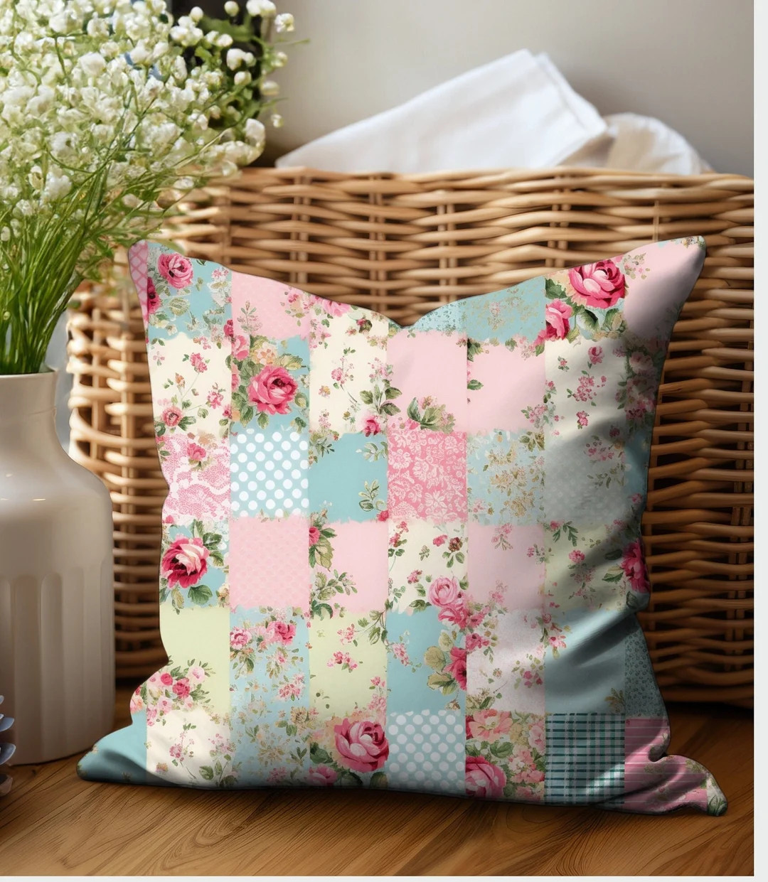 Patchwork Style Pillow Cover Pink Blue Shabby Cottage Sofa Accent Pillow Gift For Women Unique Pi... | Etsy (US)