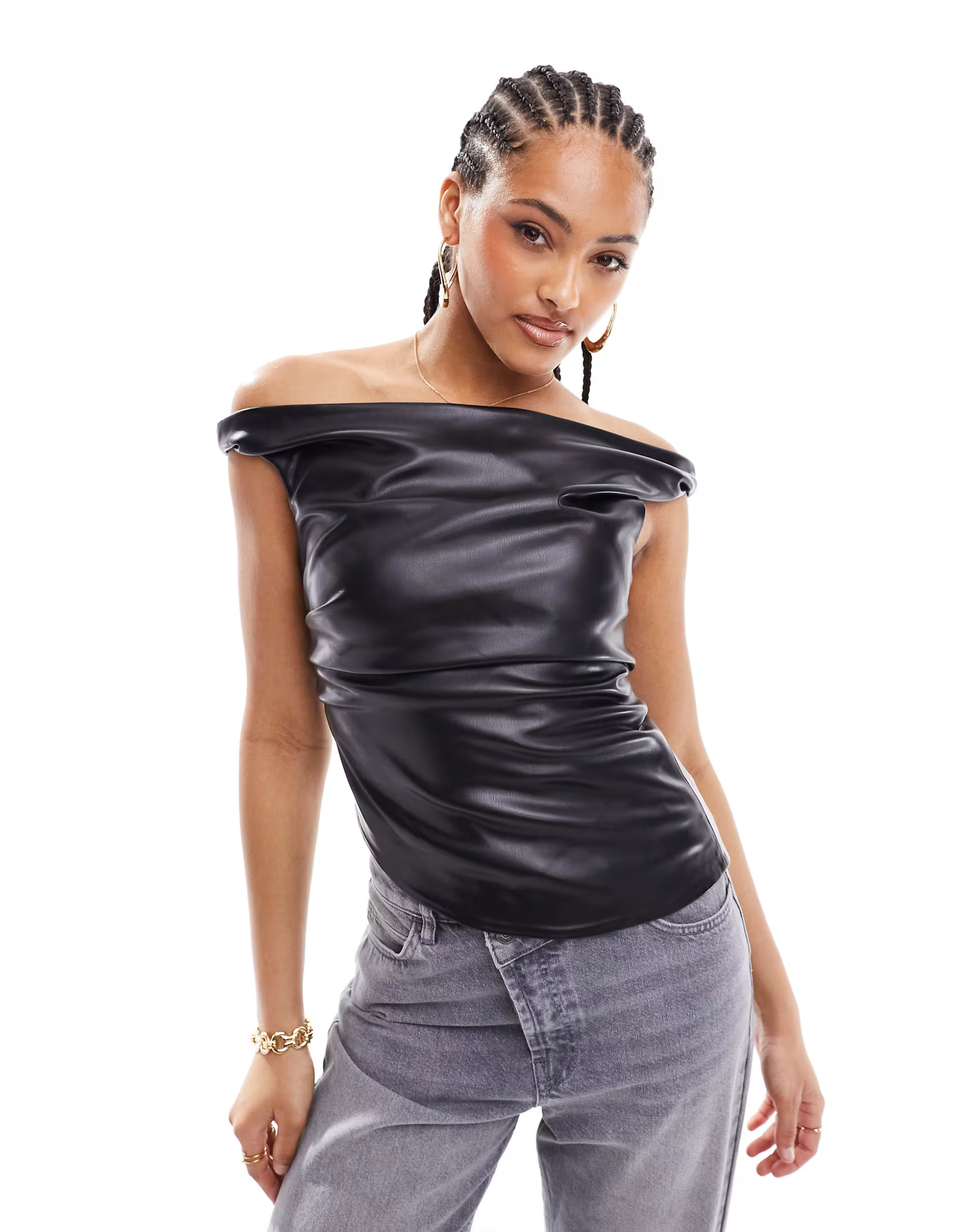 Mango bardot shoulder leather look top in black | ASOS (Global)