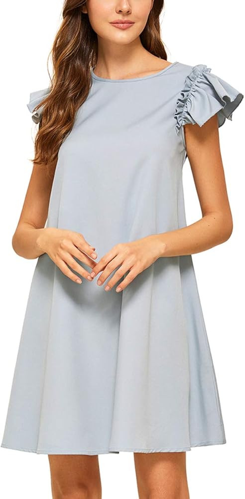 Romwe Women's Ruffle Trim Sleeve Summer Beach A Line Loose Swing Dress | Amazon (US)
