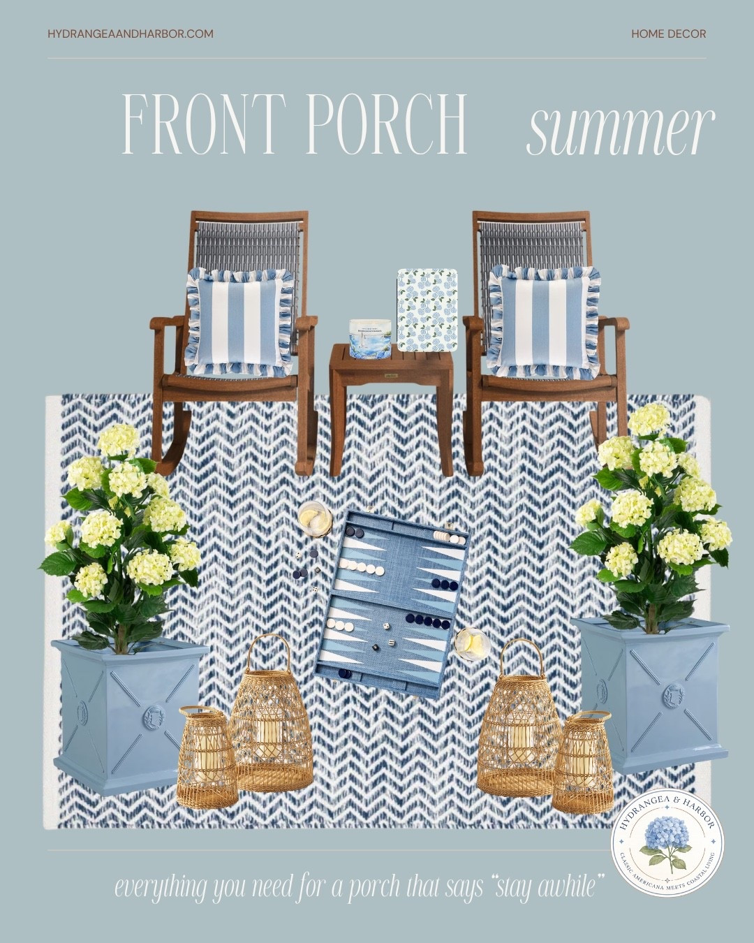 The best rooms in the house don’t always have four walls.

A pair of rocking chairs, blooming hydrangeas, lanterns for summer evenings, and a classic game waiting on the table—everything you need for a porch that says stay awhile.


#HydrangeaAndHarbor #SouthernLiving #CoastalHome #PorchSeason #SummerAtHome #BlueAndWhiteDecor #FrontPorchDecor #ClassicAmericana #LTKHome #CoastalStyle