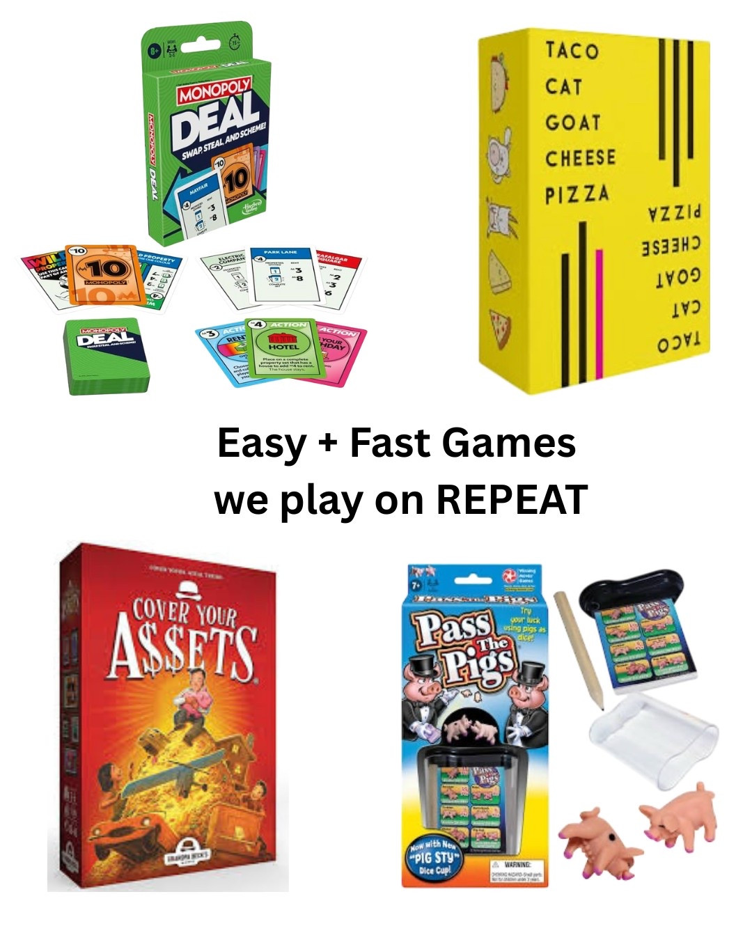 Our 4, 7 and 9 year old kids love these games and we play them all the time! Our family averages 6 games of Monopoly Deal a day. They are all easy to learn and don’t take forever to play! Win-win! 
Family Games
Card Games
Kid Games

#LTKKids #LTKFamily