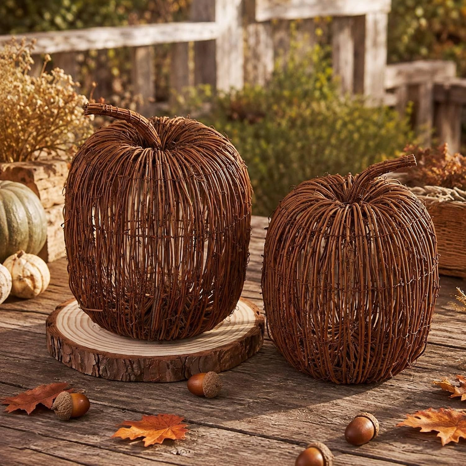 2 Pcs 12" Large Artificial Wicker Pumpkin Decor Farmhouse Fall Decor | Amazon (US)