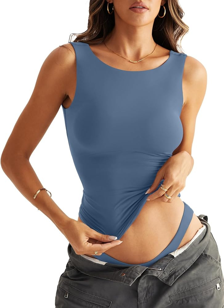 Women Sleeveless Boat Neck Tops Double Lined Backless Tank Tops Basic Fitted T Shirts 2025 | Amazon (US)