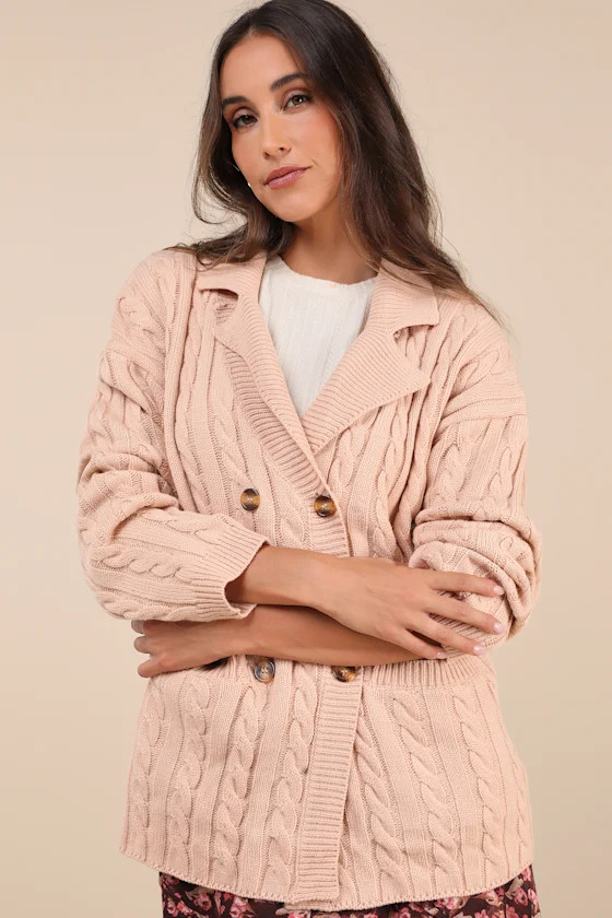 Majorly Comfy Beige Cable Knit Double Breasted Cardigan Sweater | Lulus