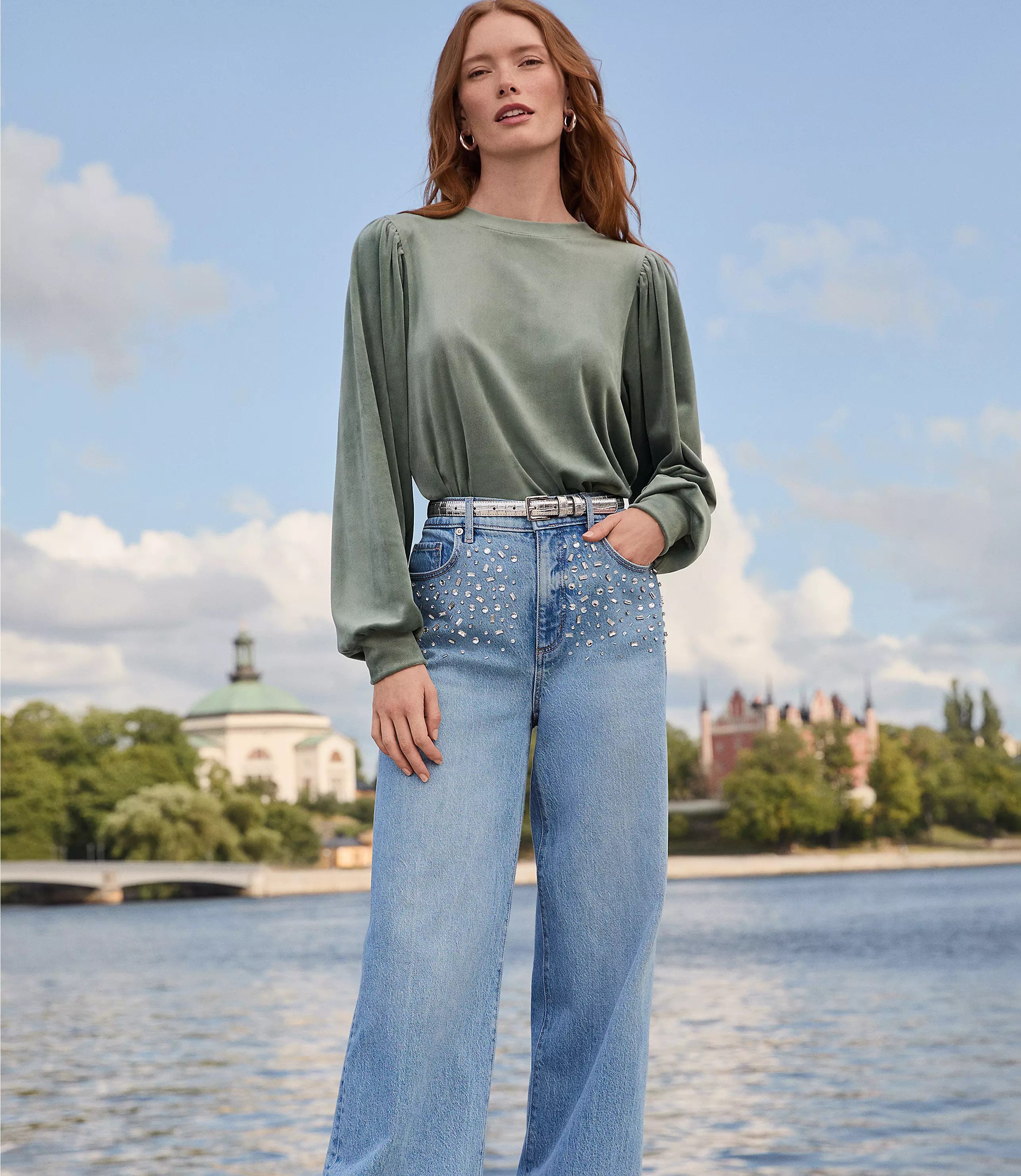 Sparkle High Rise Wide Leg Jeans in Light Wash Indigo | LOFT