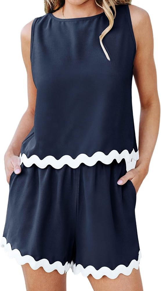 Amazon.com: AOVDE Two Piece Sets for Women 2024 Rompers Summer Beach Clothes Crop Tank Top Casual... | Amazon (US)