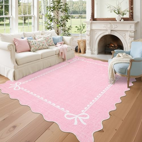GarveeHome Scalloped Bow Rug for Living Room, Solid Pink Rug for Dorm, Washable Rugs 9x12 Soft Low Pile Non Slip Scalloped Rugs for Nursery College Bedroom Decor Kids Room Playroom | Amazon (US)