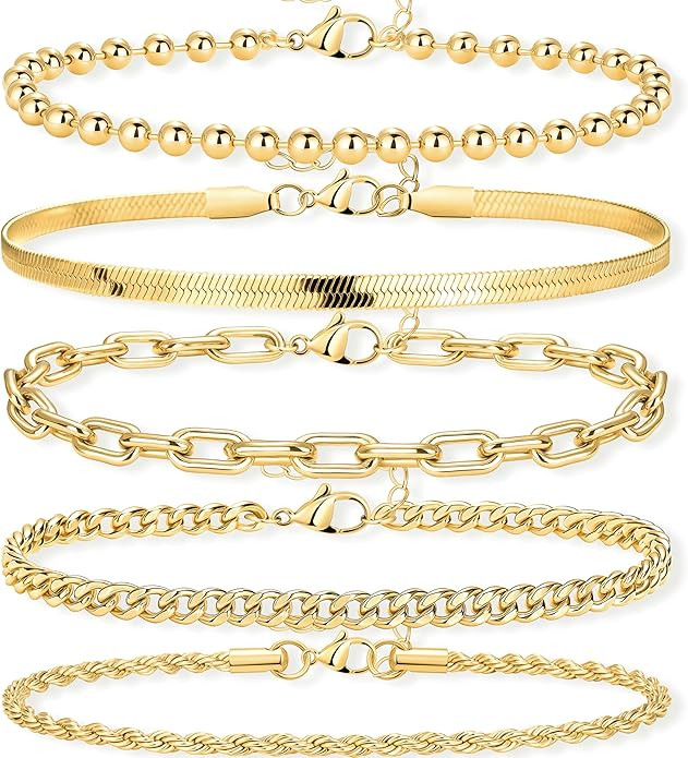 Gold Bracelets Set for Women Stack, Dainty Thick Bracelets Stack for Women Trendy, Simple Thin Go... | Amazon (US)