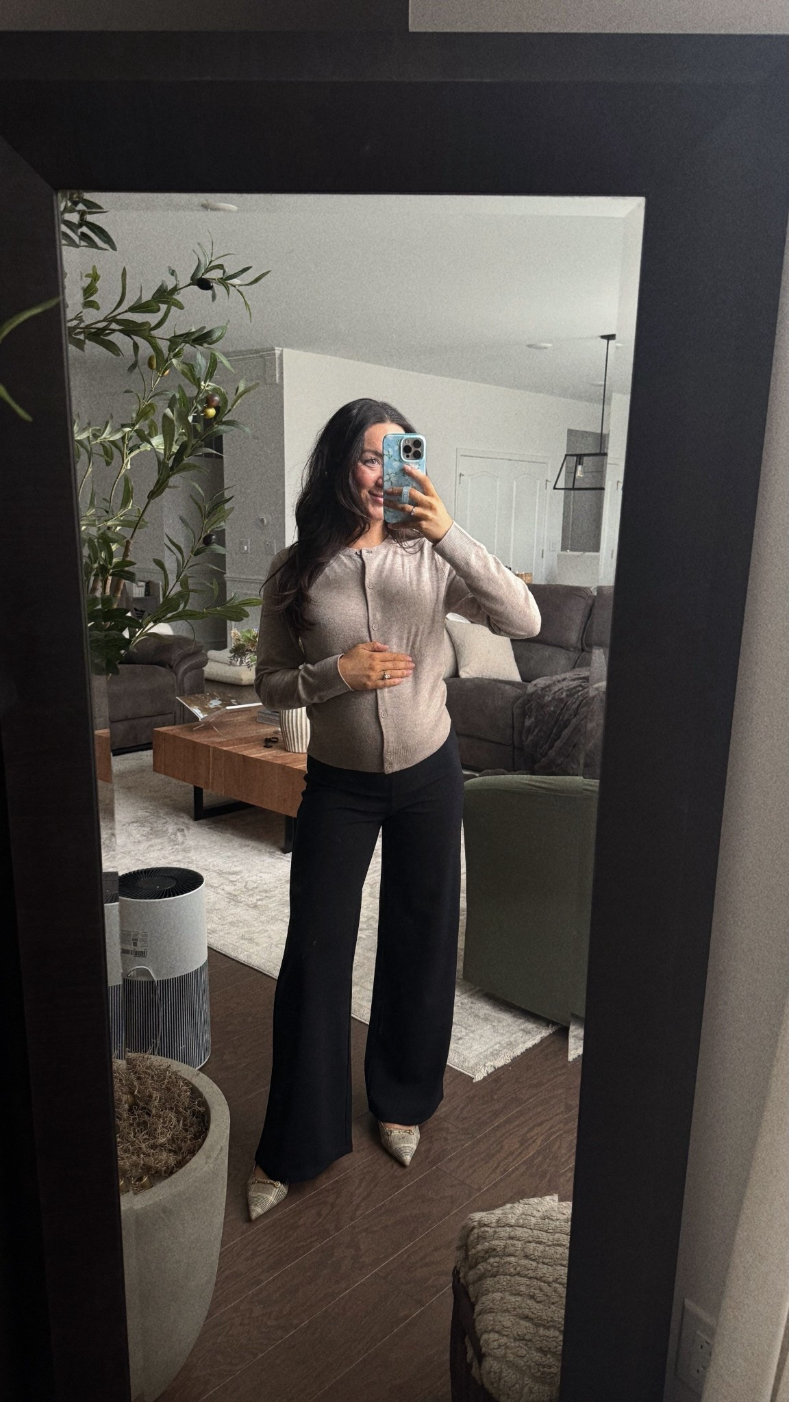 Medium in cardigan(sized up for pregnancy)
Small in pants (sized up for pregnancy) 

#LTKootd #LTKBump #LTKWorkwear