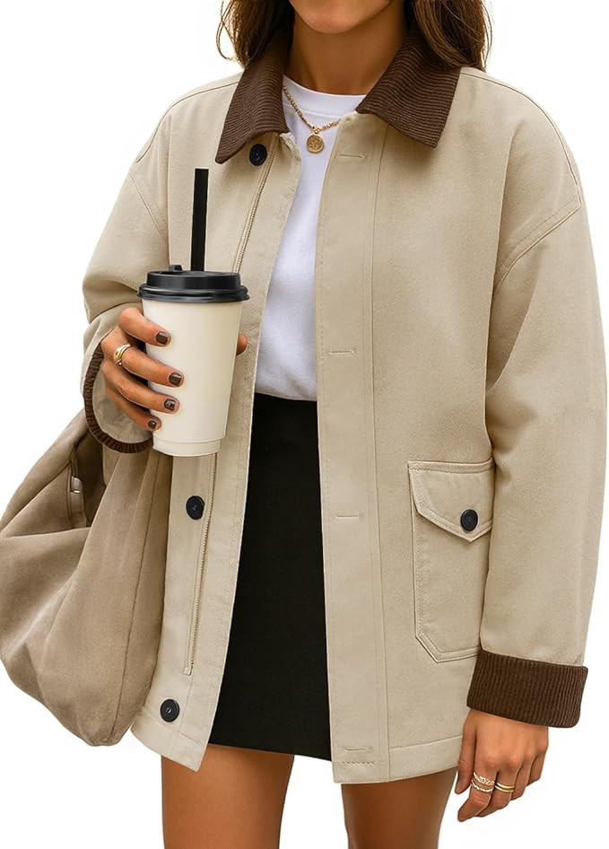 ZESICA Women's Lightweight Trendy Jackets 2025 fall Contrast Collar Zip Up Cotton Oversized Casua... | Amazon (US)