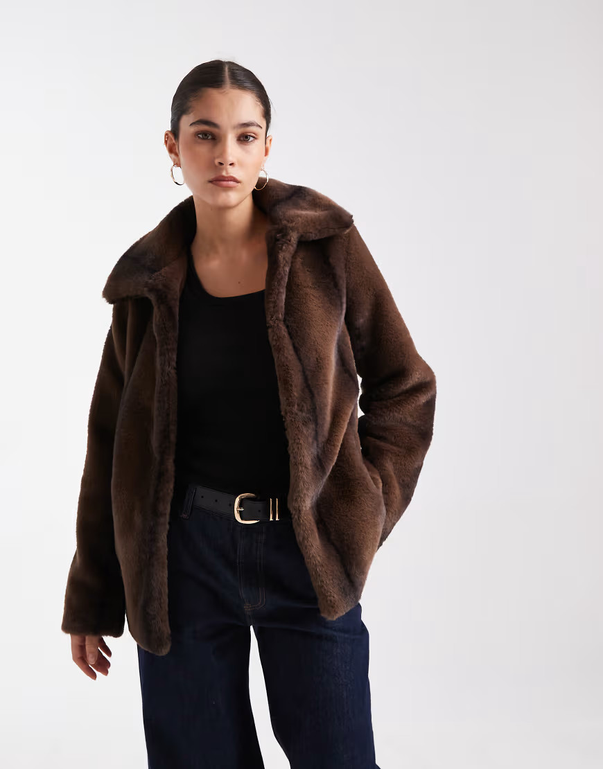 New Look collared faux fur coat in brown | ASOS (Global)
