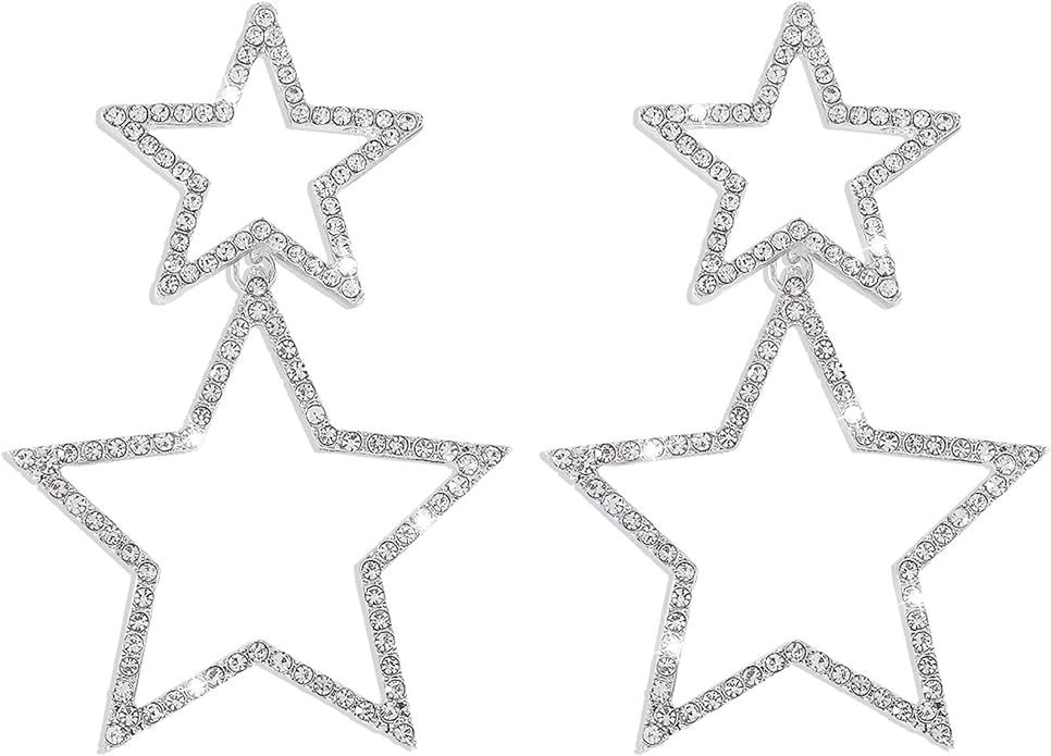 Sliver Star Stud Earrings for Women Girls Rhinestone Big Star Dangle Earrings Lightweight Crystal... | Amazon (US)