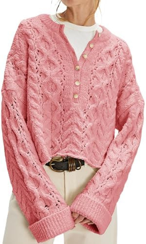 Jenkoon Women's Cable Knit Sweater Oversized Crop Knit Pullover Chunky Crew Neck Long Bell Sleeve... | Amazon (US)