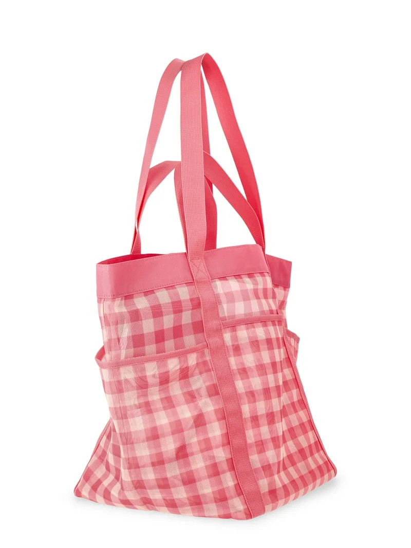 No Boundaries Women's Mesh Tote Bag, Peach Gingham | Walmart (US)