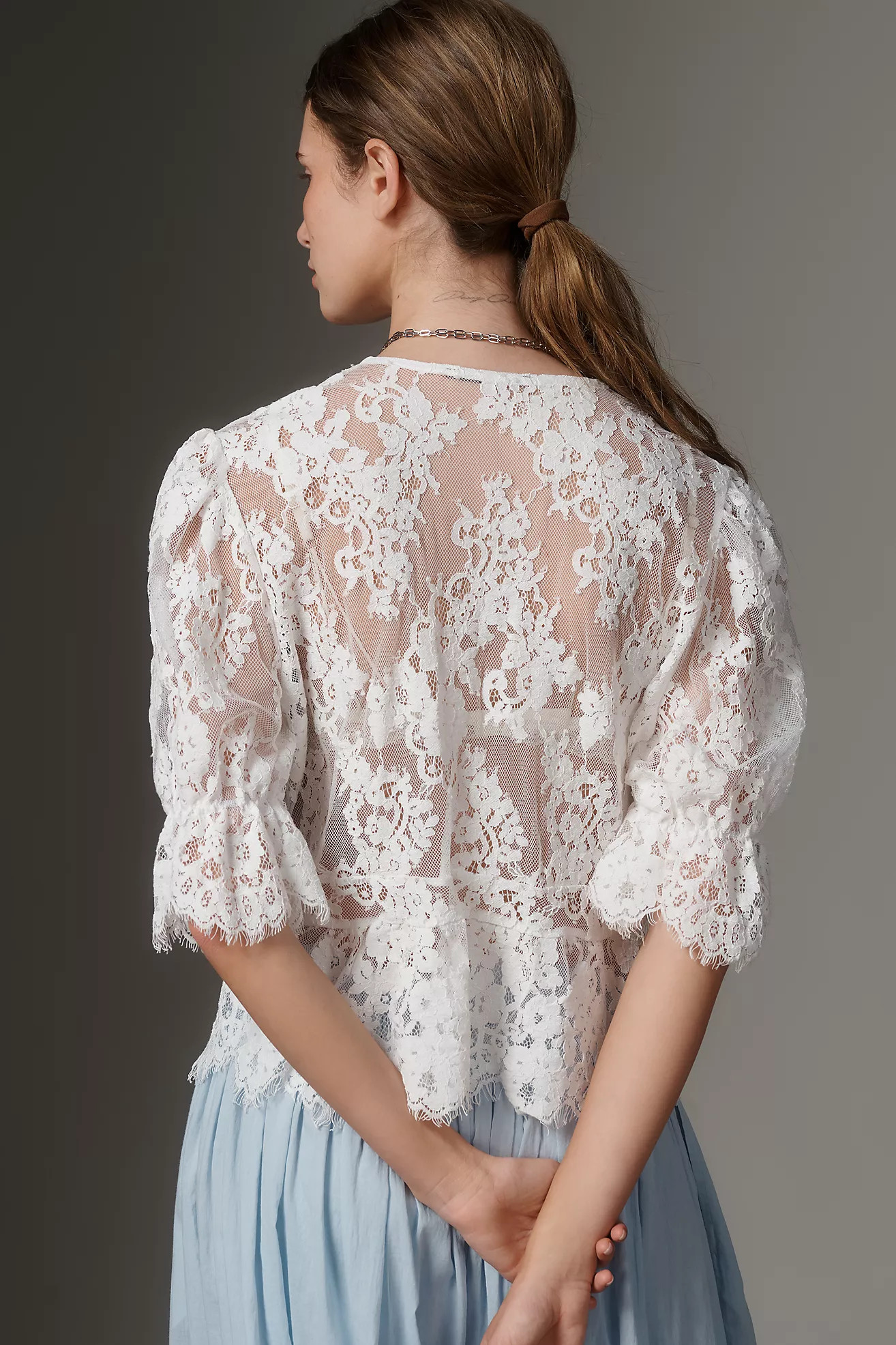 By Anthropologie Puffed Sleeve Sheer Tie-Front Lace Top | Anthropologie (US)