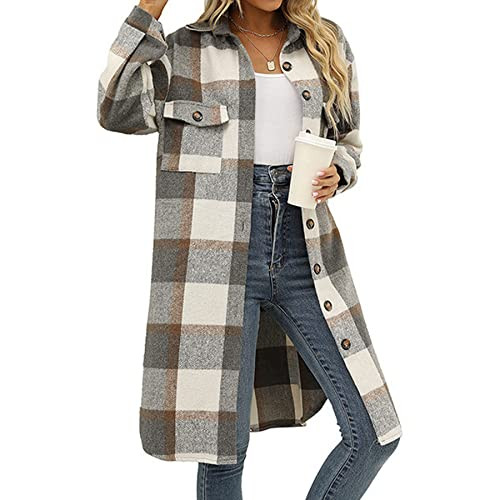 Ainangua Women's Casual Wool Blend Long Plaid Shirt Jacket Button Down Pocketed Shirt Shacket(02 Light Grey,M) | Amazon (US)