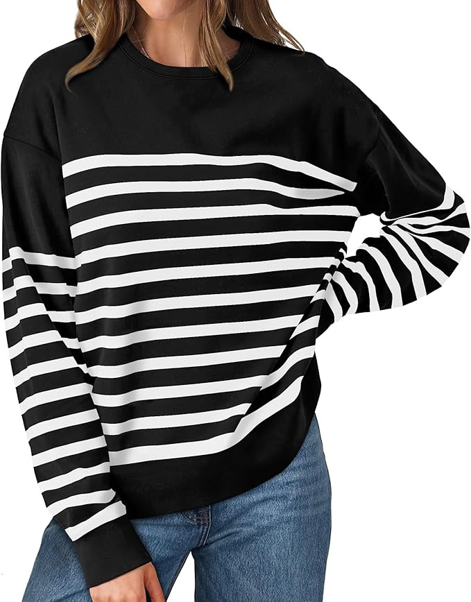 WIHOLL Sweatshirts for Women Crewneck Long Sleeve Striped Tops Lightweight Fashion 2024 | Amazon (US)