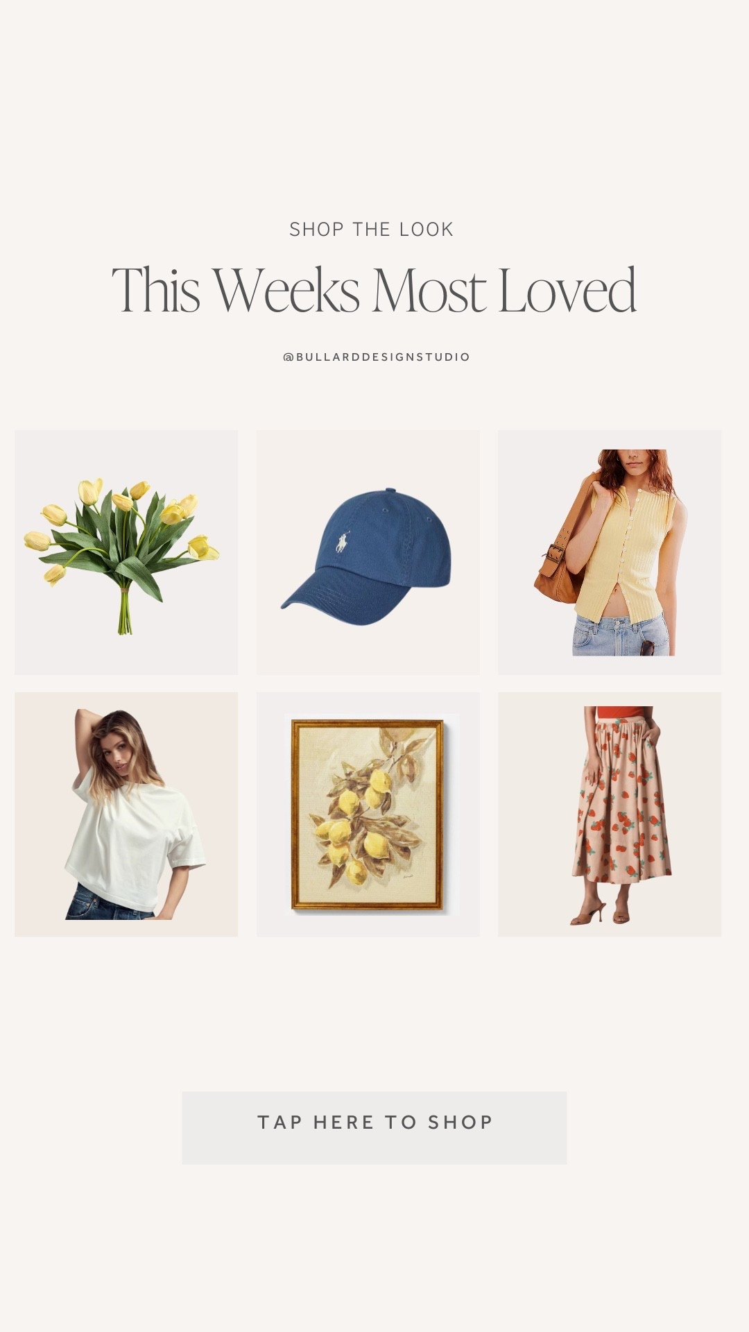 Shop this weeks most loved!

#MostLove #Sunde #Favorites #Tulips #Floral #Stems #FullFloral #BaseballCap #ButtonDownBus #ButtonDownTank #Tank #Boxy #T-shirt #Art #Lemons #Art #Skirt #Strawberry #Fruit