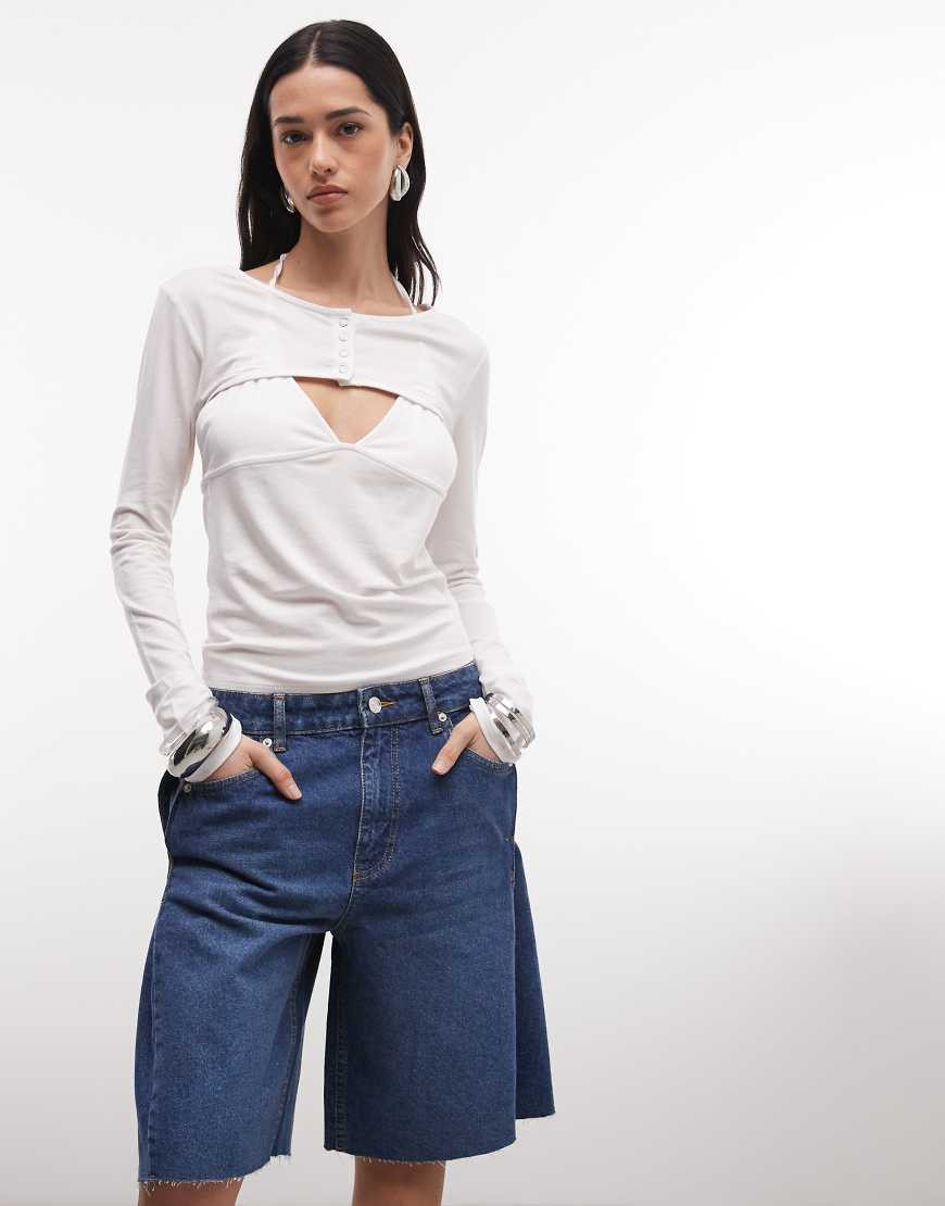 ASOS DESIGN denim bermuda shorts with side-pleat detailing in dark mid blue | ASOS (Global)