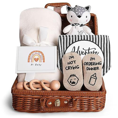 iAOVUEBY Baby Shower Gifts, Baby Gifts for Girls Boys, Unique Baby Gifts Basket Essentials Stuffs - Baby Lovey Blanket Newborn Bibs Socks Wooden Rattle & Greeting Card, Newborn Baby Gift Set | Amazon (US)