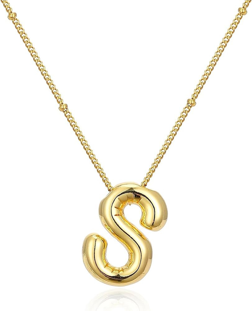 Bubble Letter Necklace for Women, 14k Gold Plated Initial Letter Pendant Necklace Personalized Je... | Amazon (US)