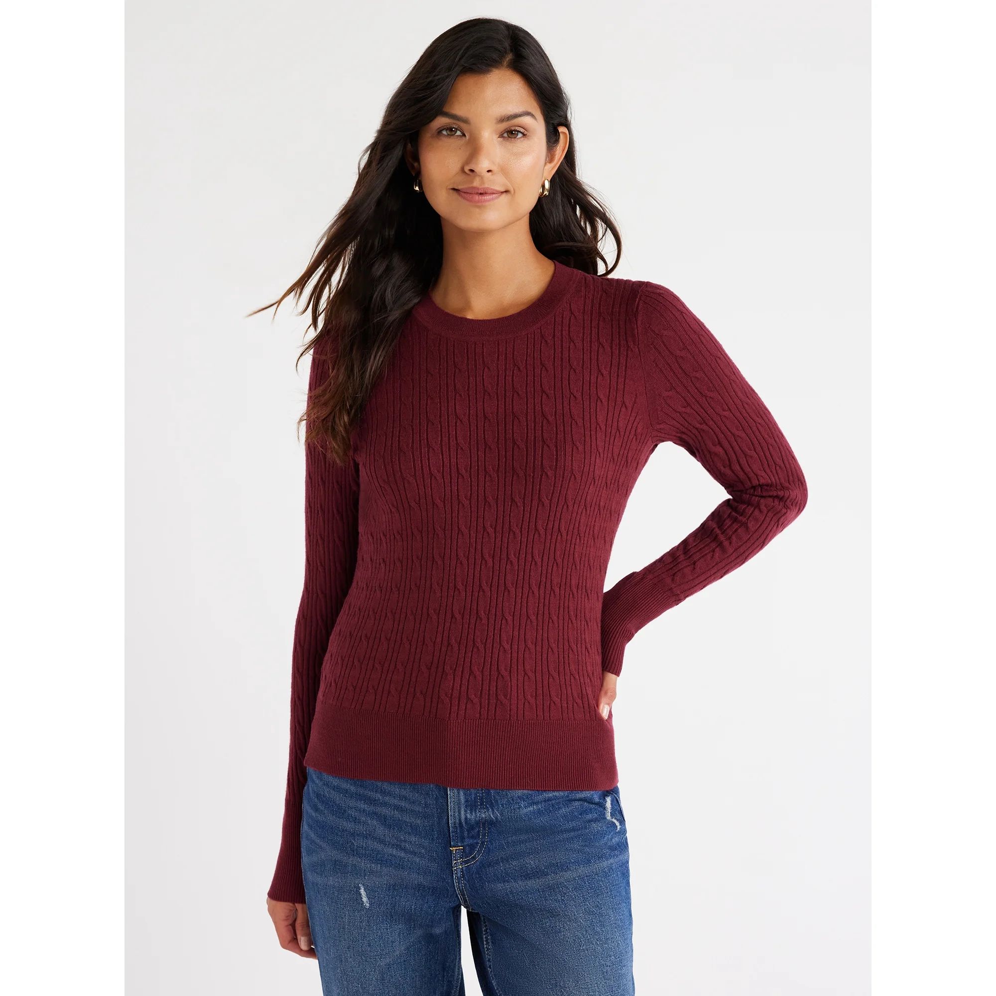 Free Assembly Women’s Cable Knit Crewneck Sweater, Midweight, Sizes XS-XXXL | Walmart (US)