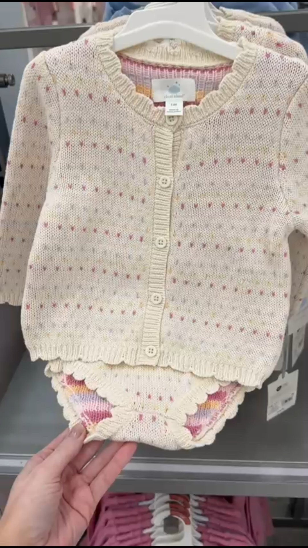A sweet baby knit set featuring a cream button-front cardigan with delicate pastel dot detailing and matching knit bloomers with scalloped trim.

#LTKBaby