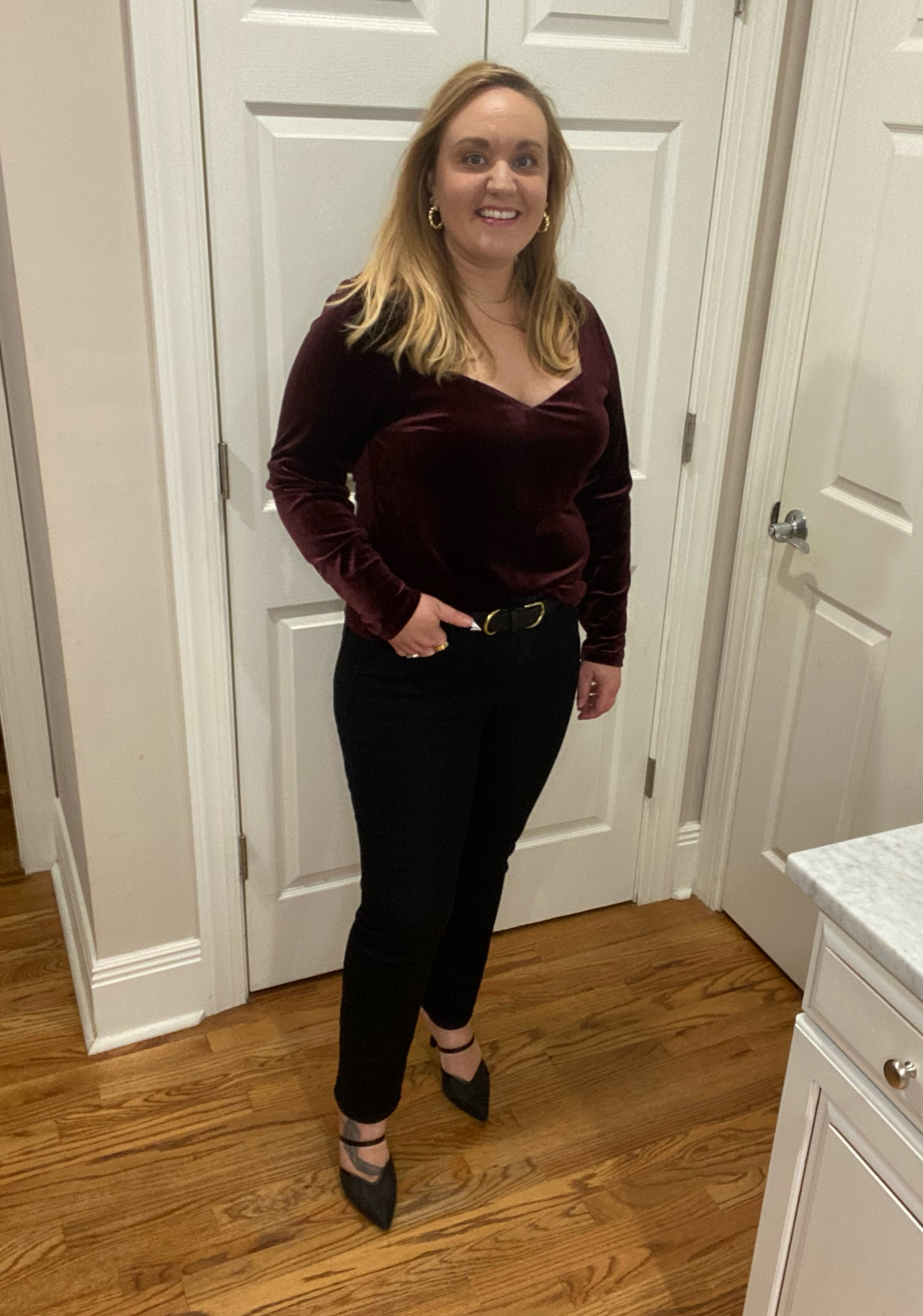 Thanksgiving day outfit, fall outfit, burgundy, black and gold belt, 
black jeans, black heels, 
pointed toe heels, mule heels, 
mesh heels, velvet top, Old Navy style, Old Navy outfit

#LTKHoliday #LTKShoeCrush #LTKFindsUnder50