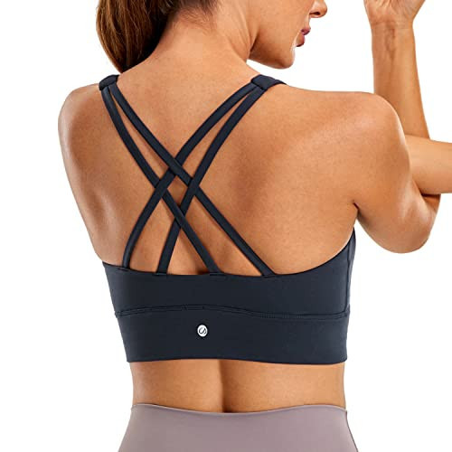 CRZ YOGA Womens Butterluxe Strappy High Neck Longline Sports Bra - Wireless Criss Cross Back Padded Workout Cropped Top True Navy Large | Amazon (US)