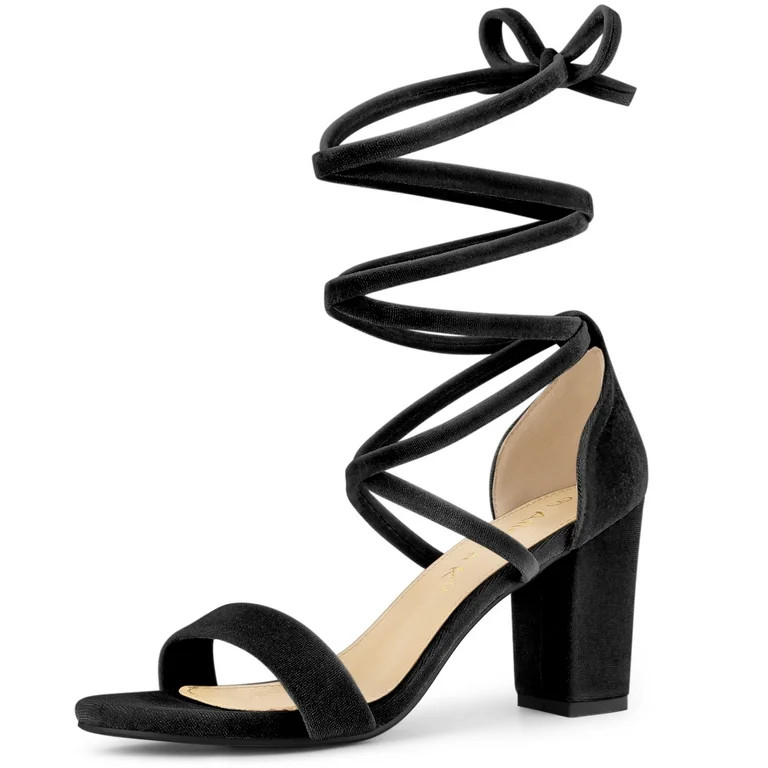 Unique Bargains Women's Faux Velvet Lace-Up Strappy Chunky Heels Sandals | Walmart (US)