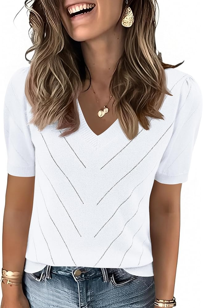 LOMON Womens Sweaters Puff Short Sleeve Lightweight Knit Summer Fall Tops Dressy V-Neck Work Blou... | Amazon (US)