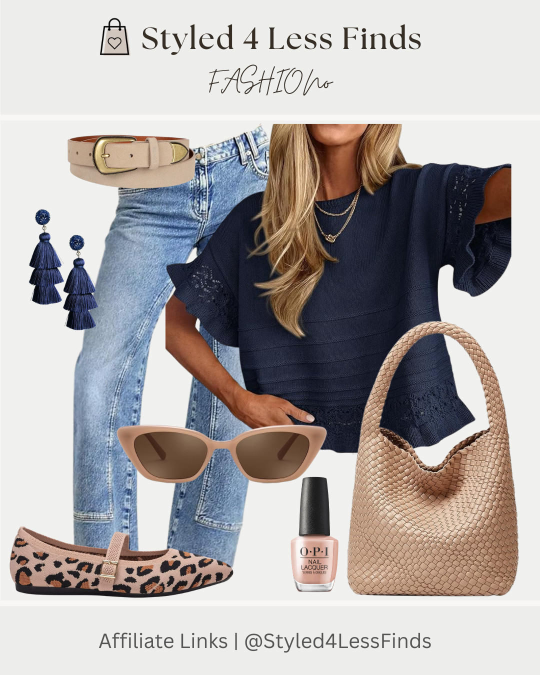 Navy + denim + neutrals = that effortless pulled-together look every time 🤍✨

This outfit is all about easy polish—light wash denim, a feminine navy top, and warm neutral accessories to tie it all together. The woven bag + leopard flats add just the right amount of texture and interest without overdoing it.

Style tip:
Mix cool tones (like navy + denim) with warm neutrals (tan, camel, leopard) to create a balanced, elevated look that feels styled but still effortless. 

 #LTKcanada #LTKsummer #LTKover50style