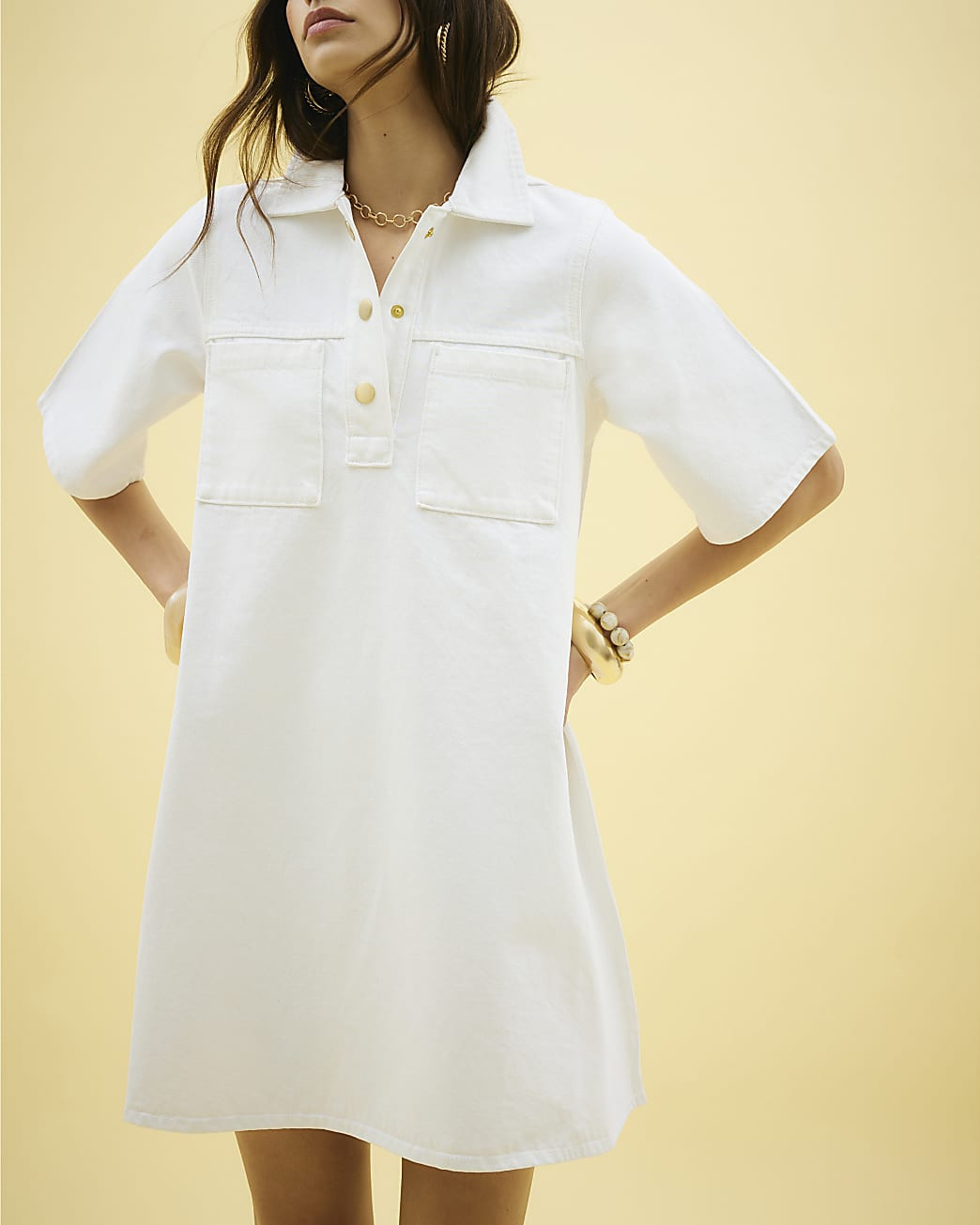 White Short Sleeve Denim Collared Shirt Dress | River Island UK & IE