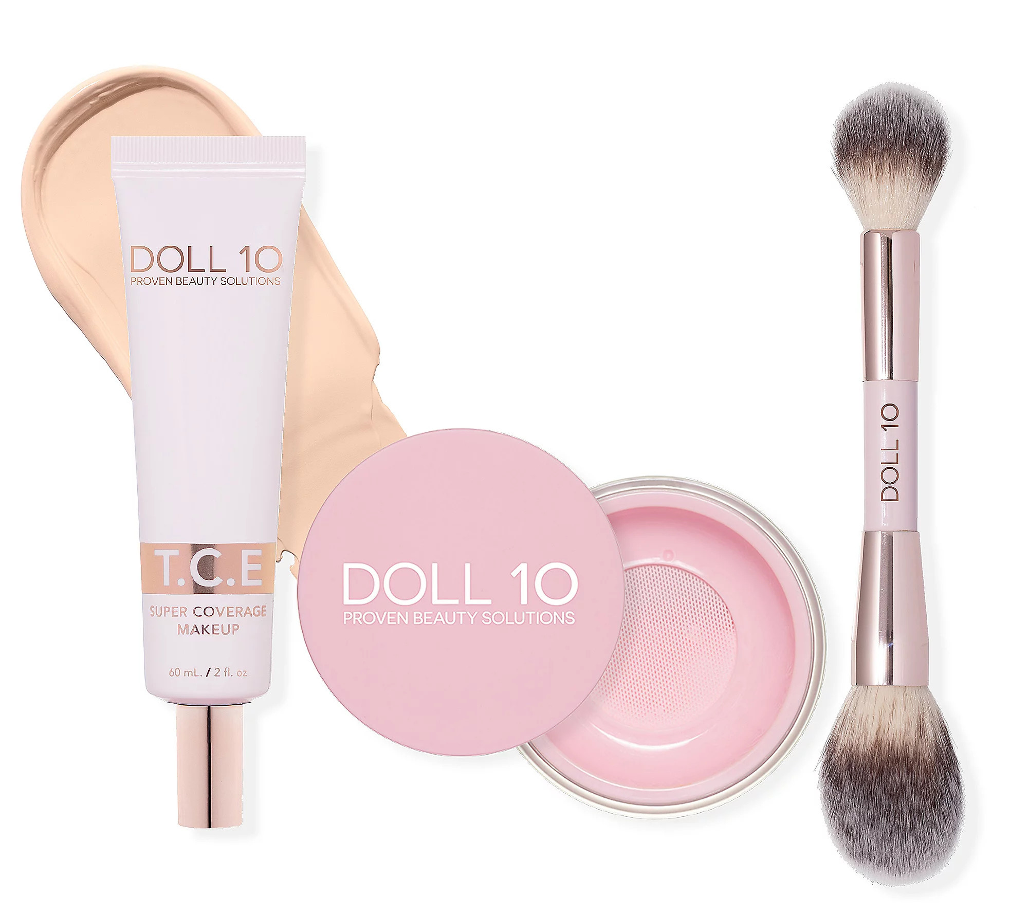 Doll 10 Super-Size TCE Foundation, Pink Powder & Brush 3PC Set | QVC