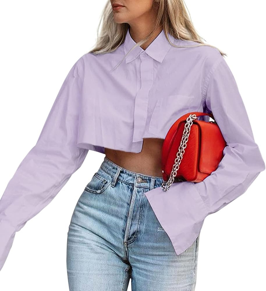 SAFRISIOR Women Solid Button Down Turn Down Collar Crop Shirt Long Sleeve Loose Aesthetic Irregular Crop Blouse Tee Top | Amazon (US)