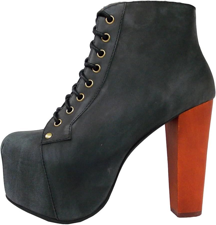 Jeffrey Campbell Lita Black Distressed Leather Wood Heel Platform Lace Up Boot | Amazon (US)