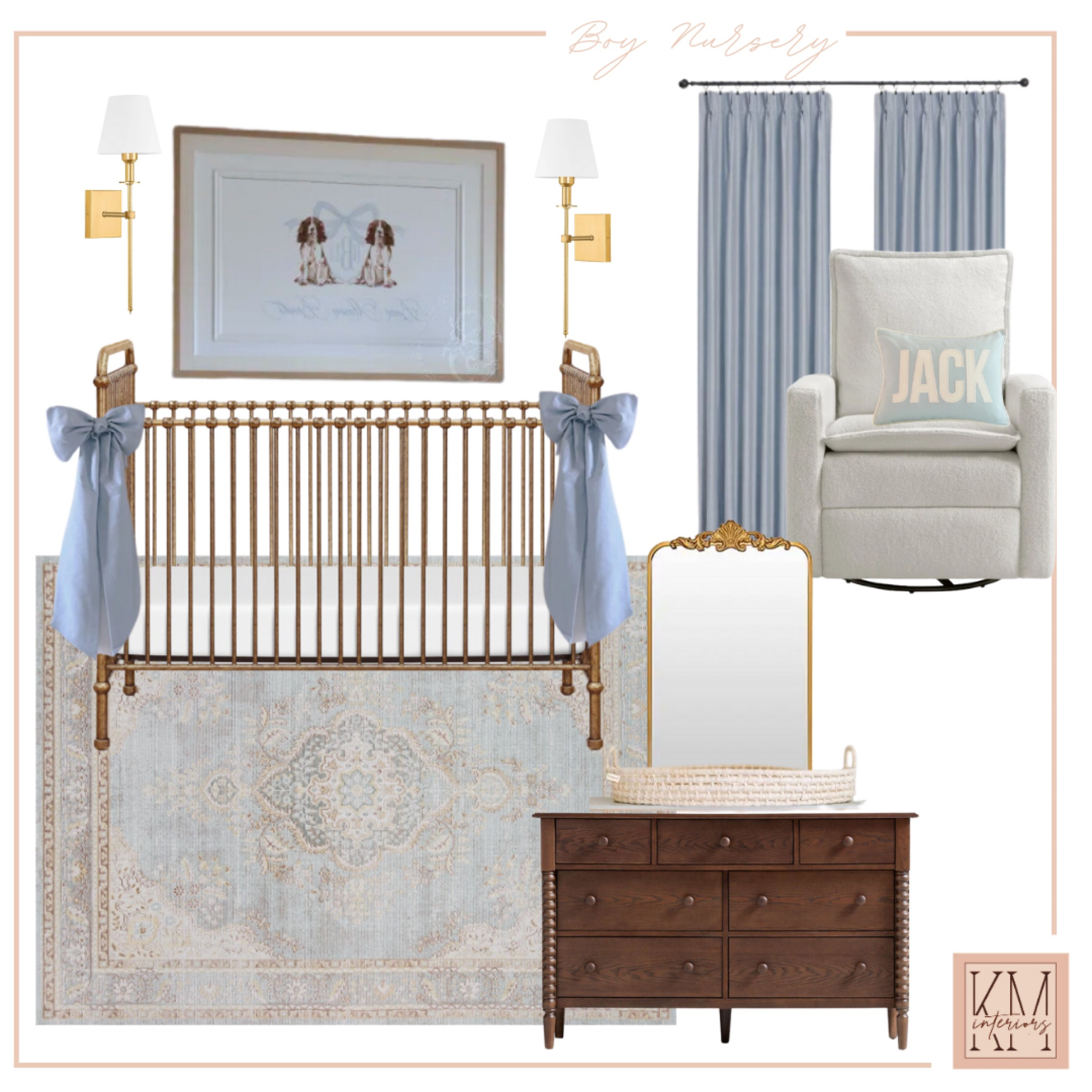 Classic boy nursery. Blue nursery for the traditional home. Gold crib, stained dresser, blue curtains, blue rug

#LTKHome #LTKBump #LTKBaby