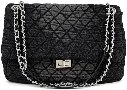 Quilted Denim Purse, Shoulder Bag for Women, Crossbody Flap Tote Bag,Silver Chain Hobo Bag, Vinta... | Amazon (US)