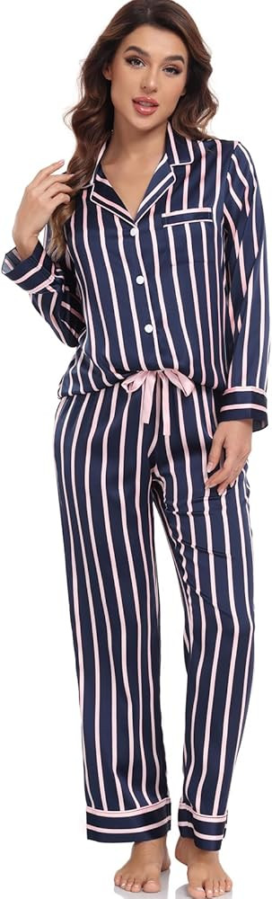 Women's Satin Pajama Set Long Sleeve Button Down Sleepwear 2-Piece Silky Pj Set | Amazon (US)