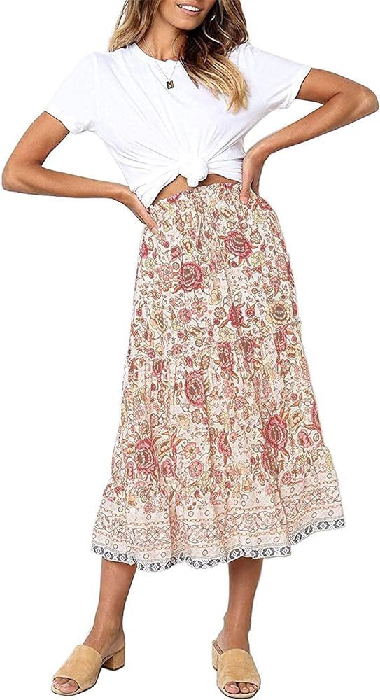 Women's Bohemian Floral Printed Elastic Waist A Line Maxi Skirt with Pockets | Amazon (US)