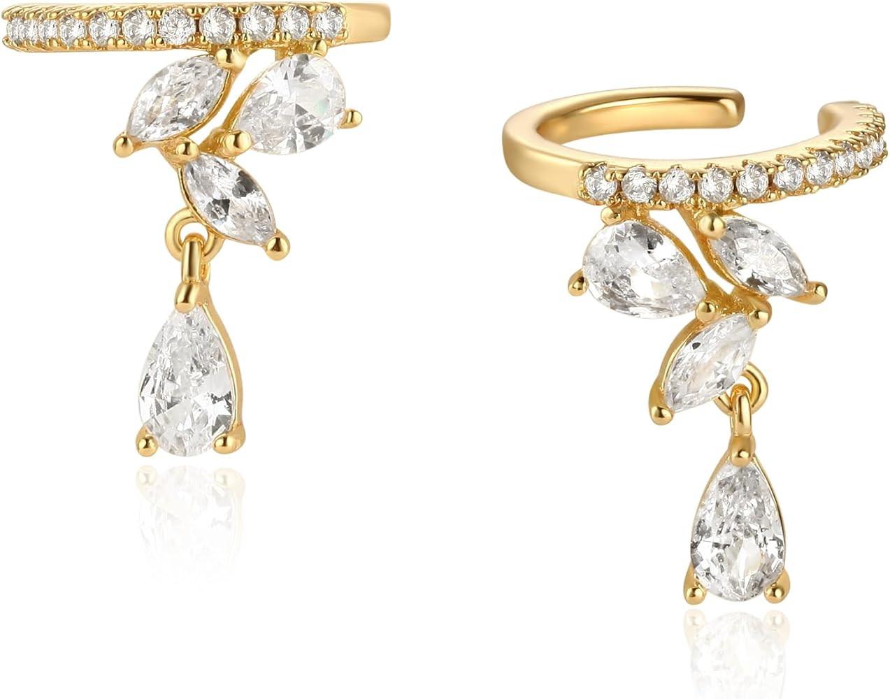 Bemoly Ear Cuff Earrings for Women 14K Gold Plated Cubic Zirconia Dangle Huggie Ear Cuffs Non Pie... | Amazon (US)