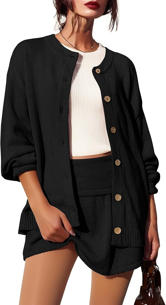 Womens Sweater Set 2 Piece Long Sleeve Mini Skirt Set Button Down Cardigan and Skort Sets Matchin... | Amazon (US)